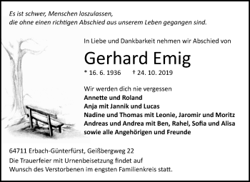 Traueranzeige von Gerhard Emig 