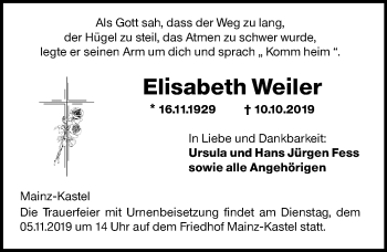 Traueranzeige von Elisabeth Weiler von VRM Tageszeitungen