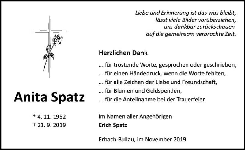  Traueranzeige für Anita Spatz vom 16.11.2019 aus vrm-trauer