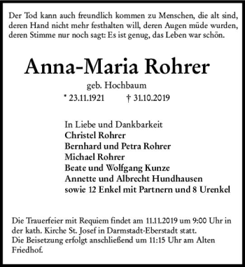 Traueranzeige von Anna-Maria Rohrer von vrm-trauer