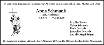 Traueranzeige von Anna Schmank von vrm-trauer