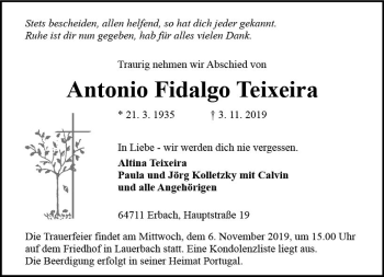 Traueranzeige von Antonio Fidalgo Teixeira von vrm-trauer