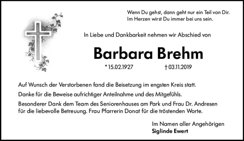  Traueranzeige für Barbara Brehm vom 23.11.2019 aus vrm-trauer
