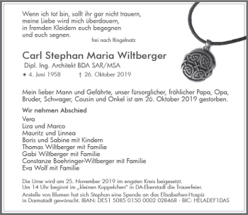 Traueranzeige von Carl Stephan Maria Wiltberger von vrm-trauer