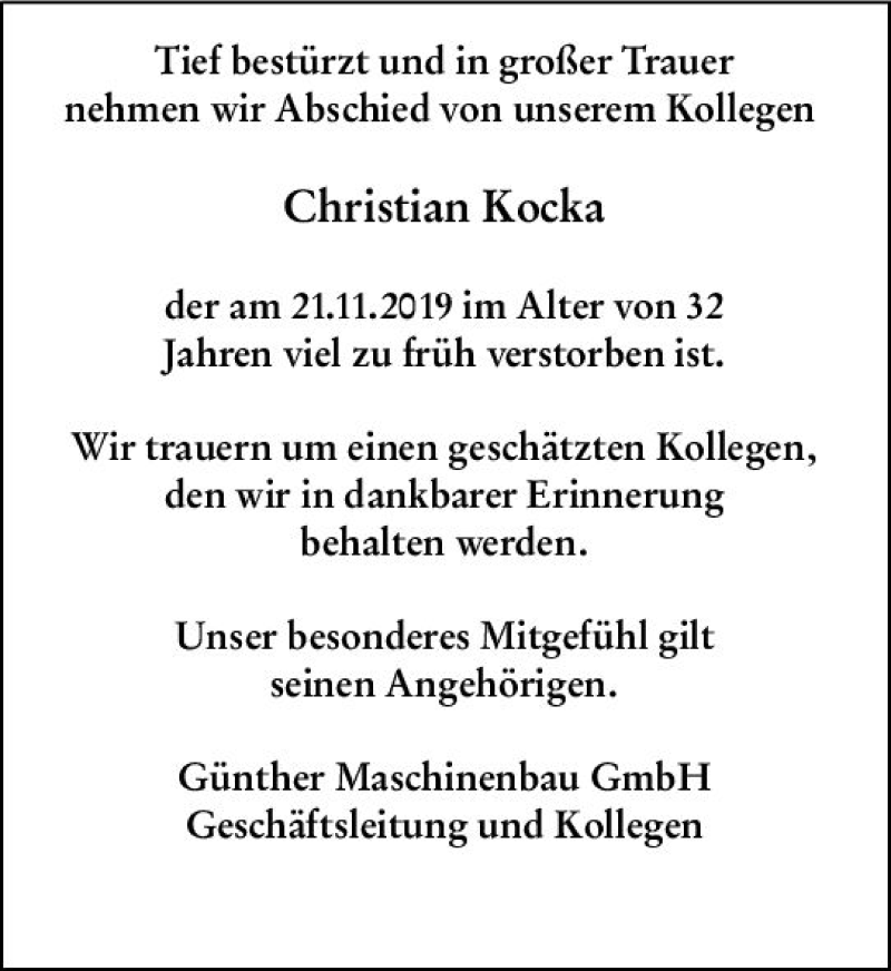  Traueranzeige für Christian Kocka vom 27.11.2019 aus vrm-trauer