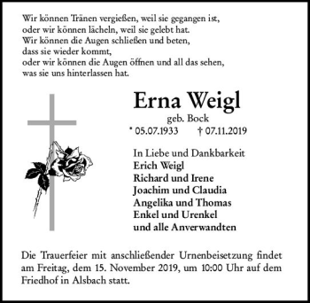 Traueranzeige von Erna Weigl von vrm-trauer
