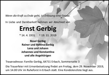 Traueranzeige von Ernst Gerbig von vrm-trauer