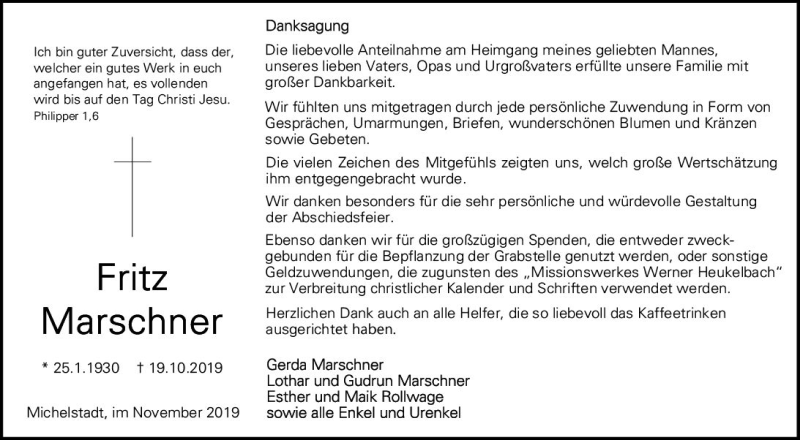  Traueranzeige für Fritz Marschner vom 16.11.2019 aus vrm-trauer