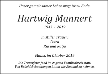 Traueranzeige von Hartwig Mannert von vrm-trauer