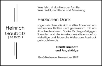 Traueranzeige von Heinrich Gaubatz von vrm-trauer