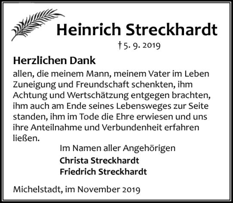  Traueranzeige für Heinrich Streckhardt vom 02.11.2019 aus vrm-trauer