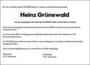 Traueranzeige von Heinz Grünewald von vrm-trauer