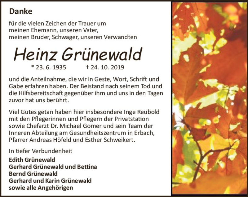  Traueranzeige für Heinz Grünewald vom 23.11.2019 aus vrm-trauer