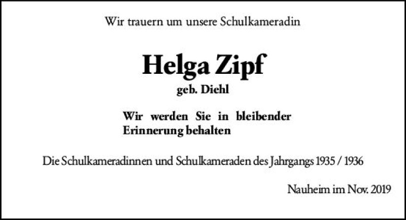  Traueranzeige für Helga Zipf vom 09.11.2019 aus vrm-trauer
