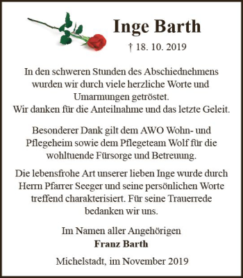 Traueranzeige von Inge Barth von vrm-trauer