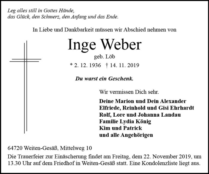  Traueranzeige für Inge Weber vom 20.11.2019 aus vrm-trauer