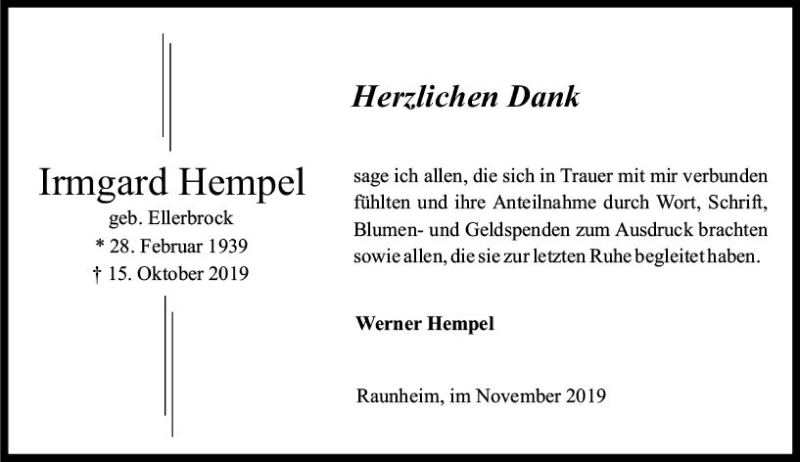  Traueranzeige für Irmgard Hempel vom 02.11.2019 aus vrm-trauer