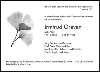 Traueranzeige von Irmtrud Greven von vrm-trauer