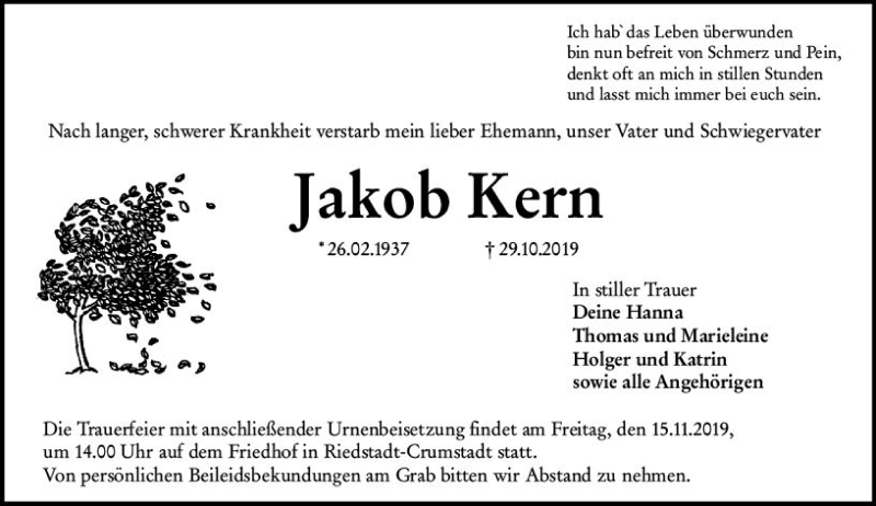  Traueranzeige für Jakob Kern vom 13.11.2019 aus vrm-trauer