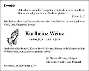 Traueranzeige von Karlheinz Weinz von vrm-trauer