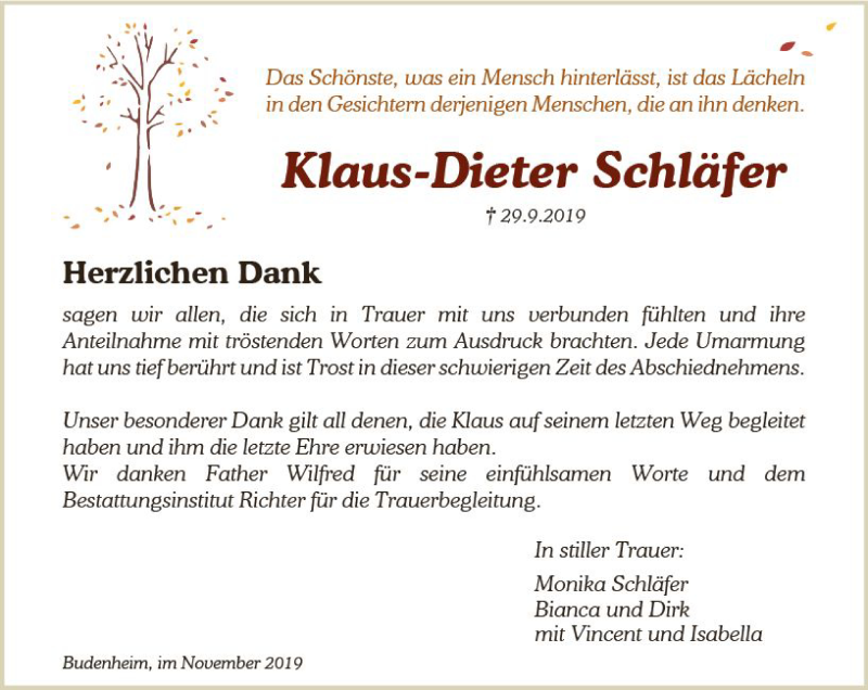  Traueranzeige für Klaus-Dieter Schläfer vom 23.11.2019 aus vrm-trauer