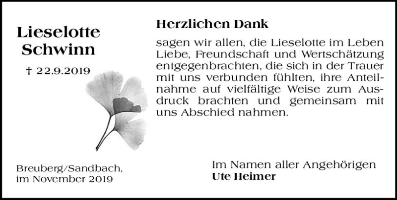  Traueranzeige für Lieselotte Schwinn vom 16.11.2019 aus vrm-trauer