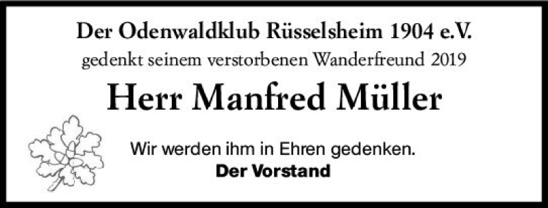  Traueranzeige für Manfred Müller vom 23.11.2019 aus vrm-trauer