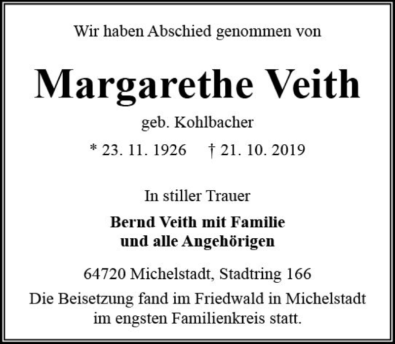  Traueranzeige für Margarethe Veith vom 09.11.2019 aus vrm-trauer