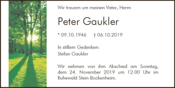 Traueranzeige von Peter Gaukler von vrm-trauer