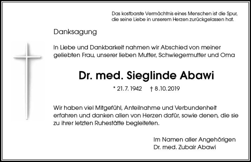  Traueranzeige für Sieglinde Abawi vom 02.11.2019 aus vrm-trauer