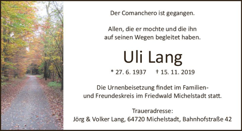  Traueranzeige für Uli Lang vom 20.11.2019 aus vrm-trauer