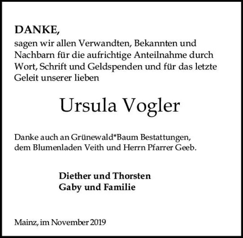  Traueranzeige für Ursula Vogler vom 09.11.2019 aus vrm-trauer