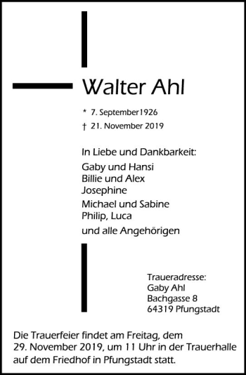 Traueranzeige von Walter Ahl von vrm-trauer