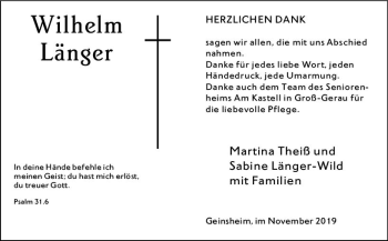 Traueranzeige von Wilhelm Länger von vrm-trauer