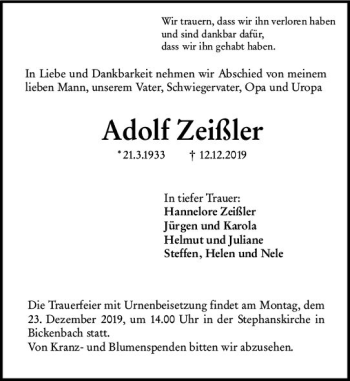 Traueranzeige von Adolf Zeißler von vrm-trauer