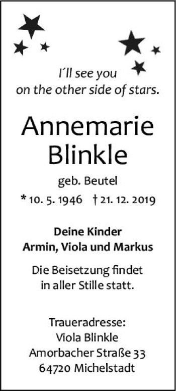 Traueranzeige von Annemarie Blinkle von vrm-trauer