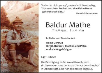 Traueranzeige von Baldur Mathe von vrm-trauer