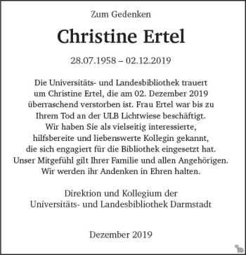 Traueranzeige von Christine Ertel von vrm-trauer