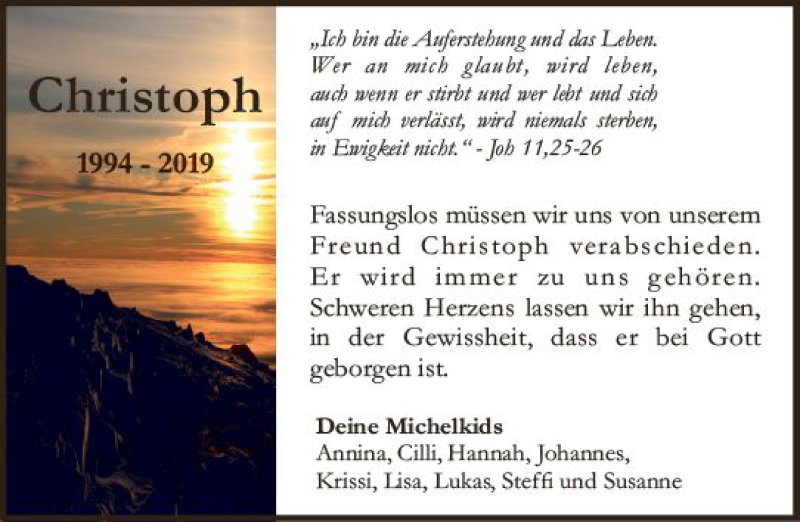  Traueranzeige für Christoph  vom 21.12.2019 aus vrm-trauer