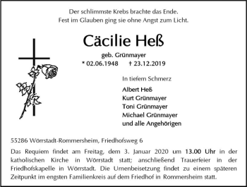 Traueranzeige von Cäcilie Heß von vrm-trauer