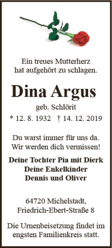  Traueranzeige für Dina Argus vom 21.12.2019 aus vrm-trauer