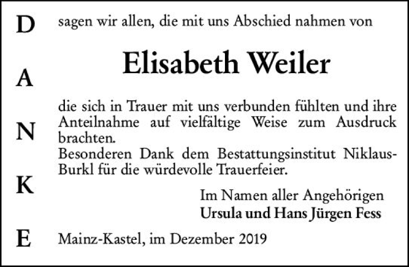  Traueranzeige für Elisabeth Weiler vom 07.12.2019 aus vrm-trauer