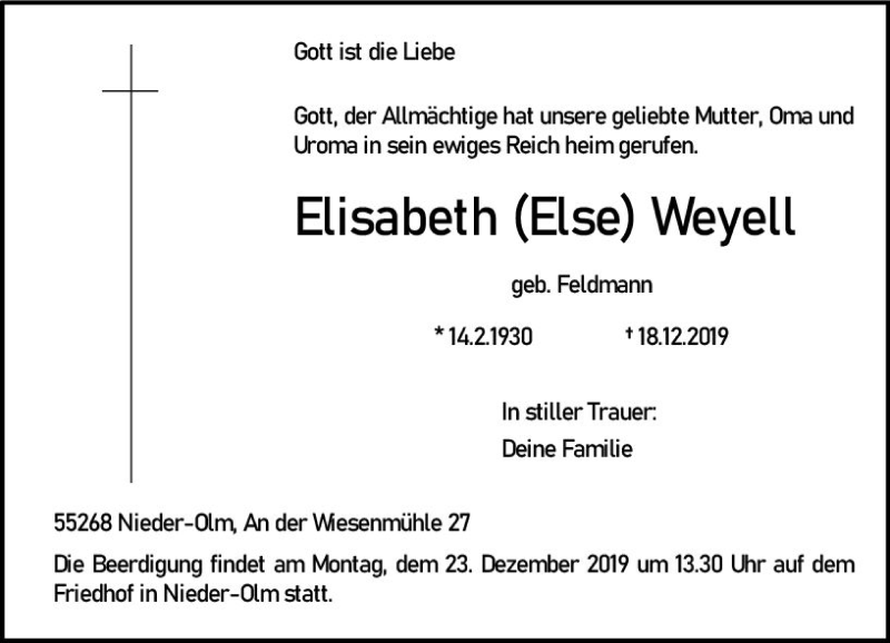  Traueranzeige für Elisabeth Else Weyell vom 21.12.2019 aus vrm-trauer