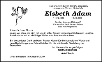 Traueranzeige von Elsbeth  Adam von vrm-trauer