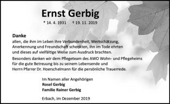 Traueranzeige von Ernst Gerbig von vrm-trauer