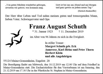 Traueranzeige von Franz Schuth von vrm-trauer