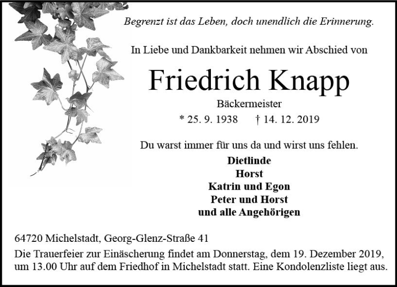  Traueranzeige für Friedrich Knapp vom 18.12.2019 aus vrm-trauer