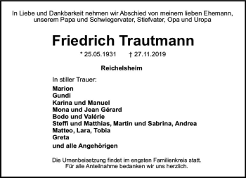 Traueranzeige von Friedrich Trautmann von vrm-trauer