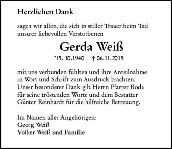Traueranzeige von Gerda Weiß von vrm-trauer