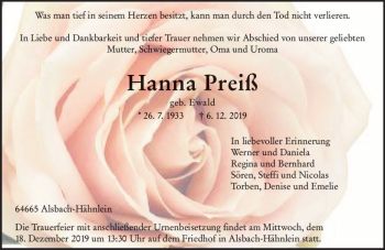 Traueranzeige von Hanna Preiß von vrm-trauer